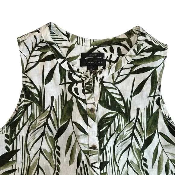 Tahari 100% Linen Tropical Palm Leaf Sleeveless Button-Front Top – Size Small - Picture 5 of 8